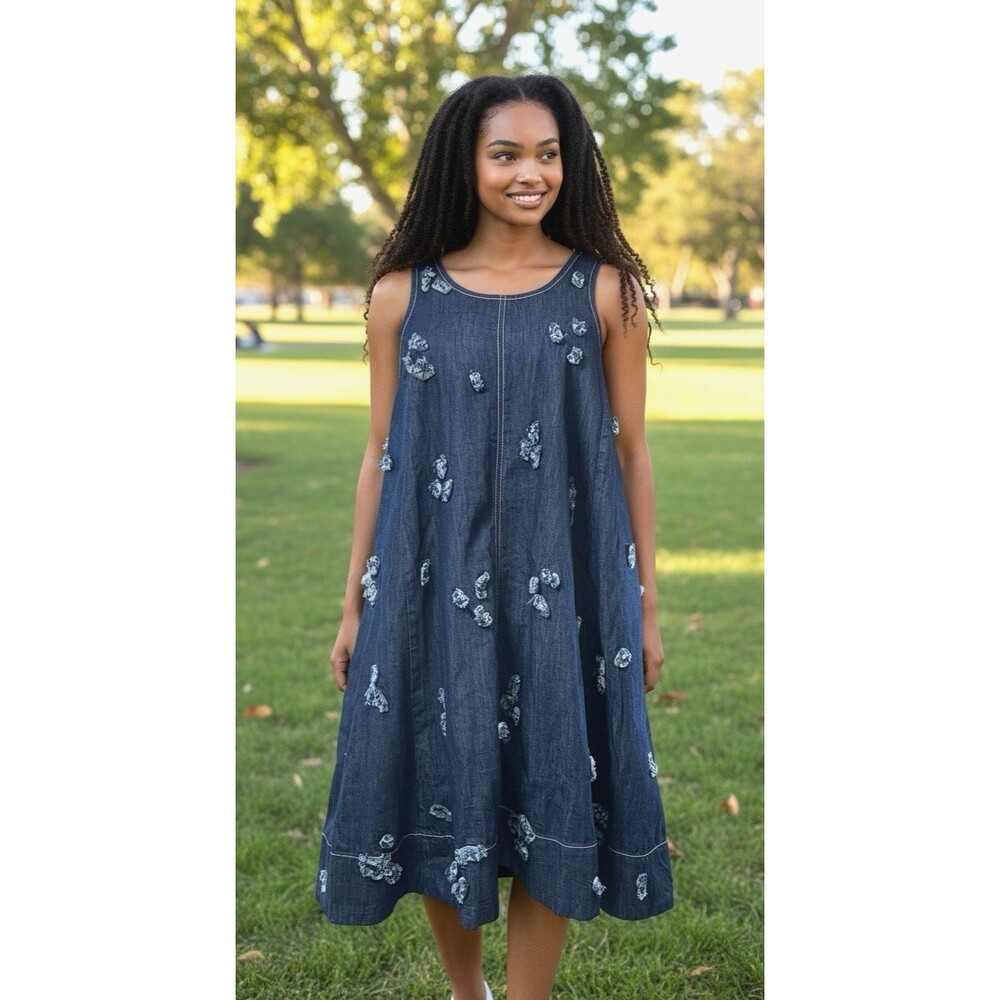 Maeve NWT A-line navy denim womens dress summer flare embellished Small $178